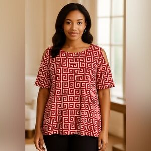 Susan Graver Liquid Knit Red White Greek Key Cold-shoulder Top EUC M #691